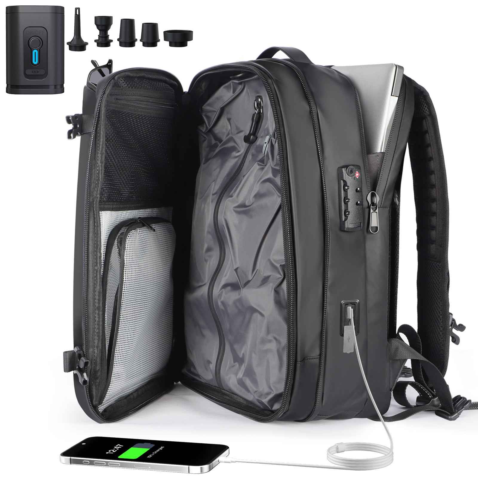 Expandable Vacuum Travel Backpack with Pump Black