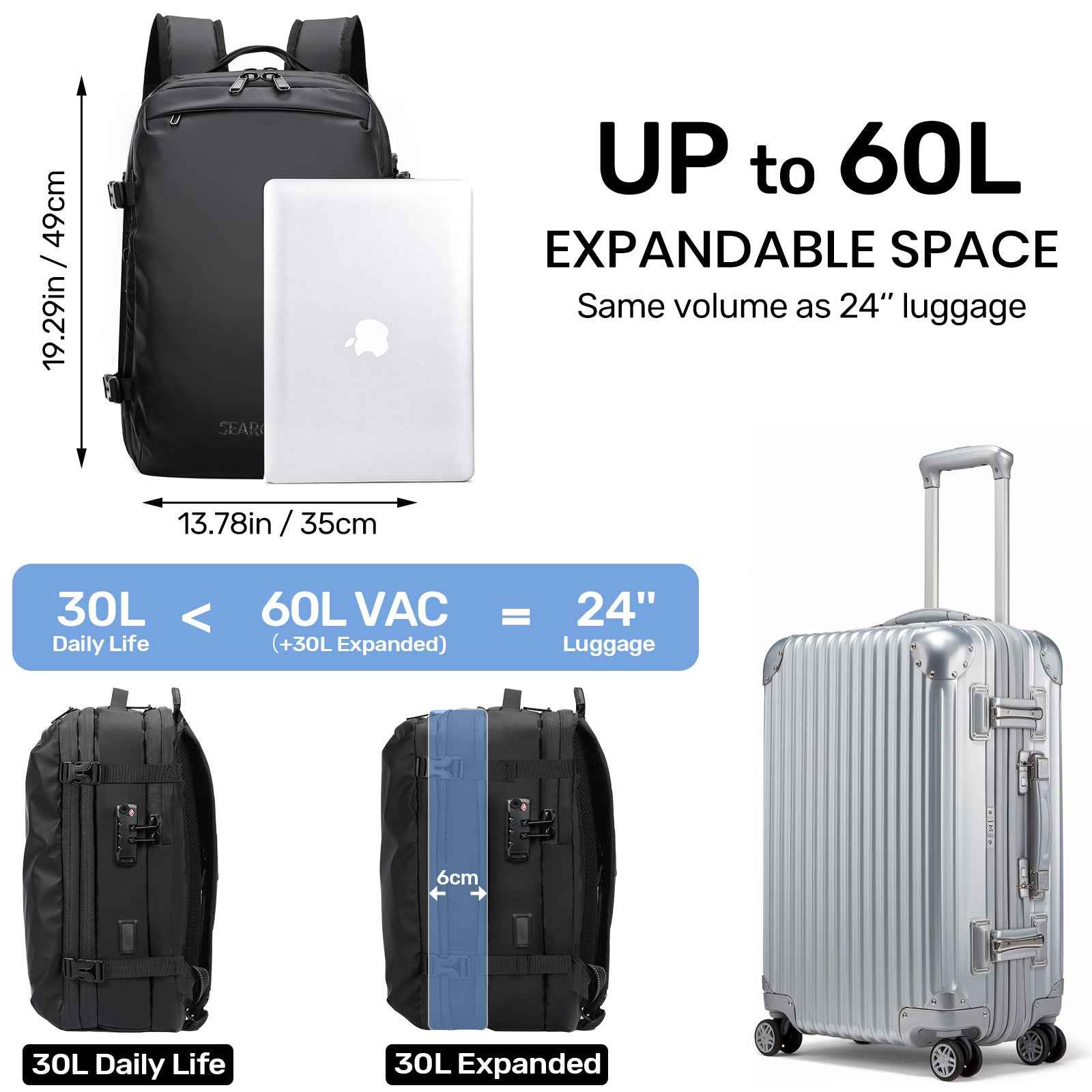 Expandable Vacuum Travel Backpack with Pump Black