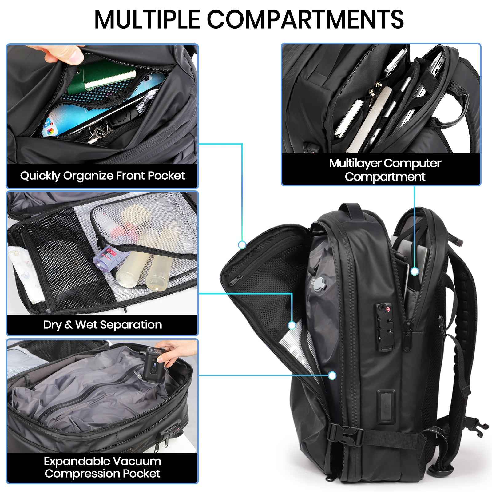 Expandable Vacuum Travel Backpack with Pump Black