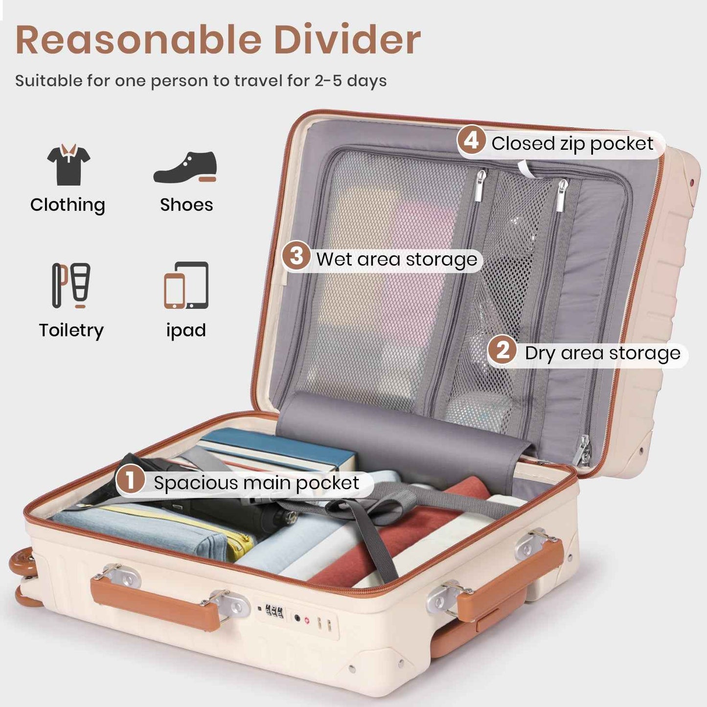 Tavoxda Lightweight Cabin Suitcase Cream