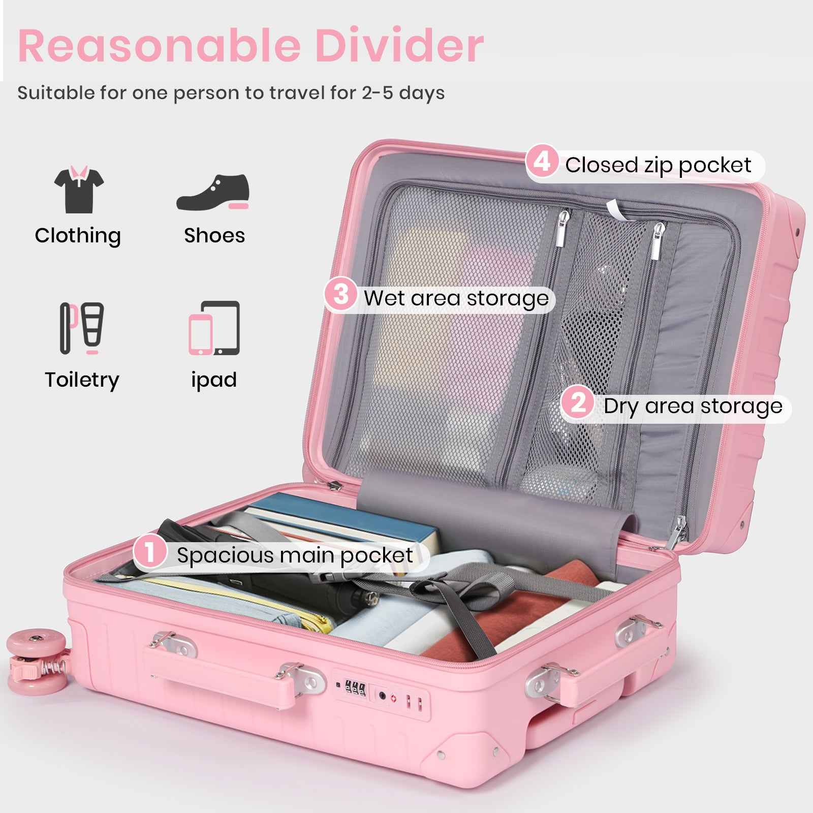 Tavoxda Lightweight Cabin Suitcase Pink