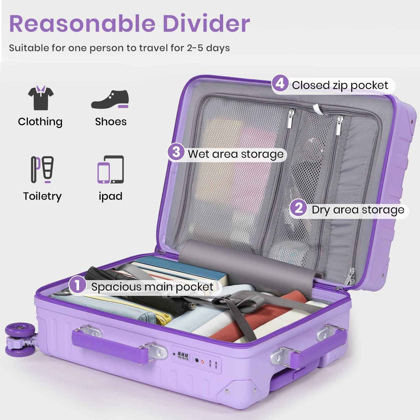 Tavoxda Lightweight Cabin Suitcase Purple
