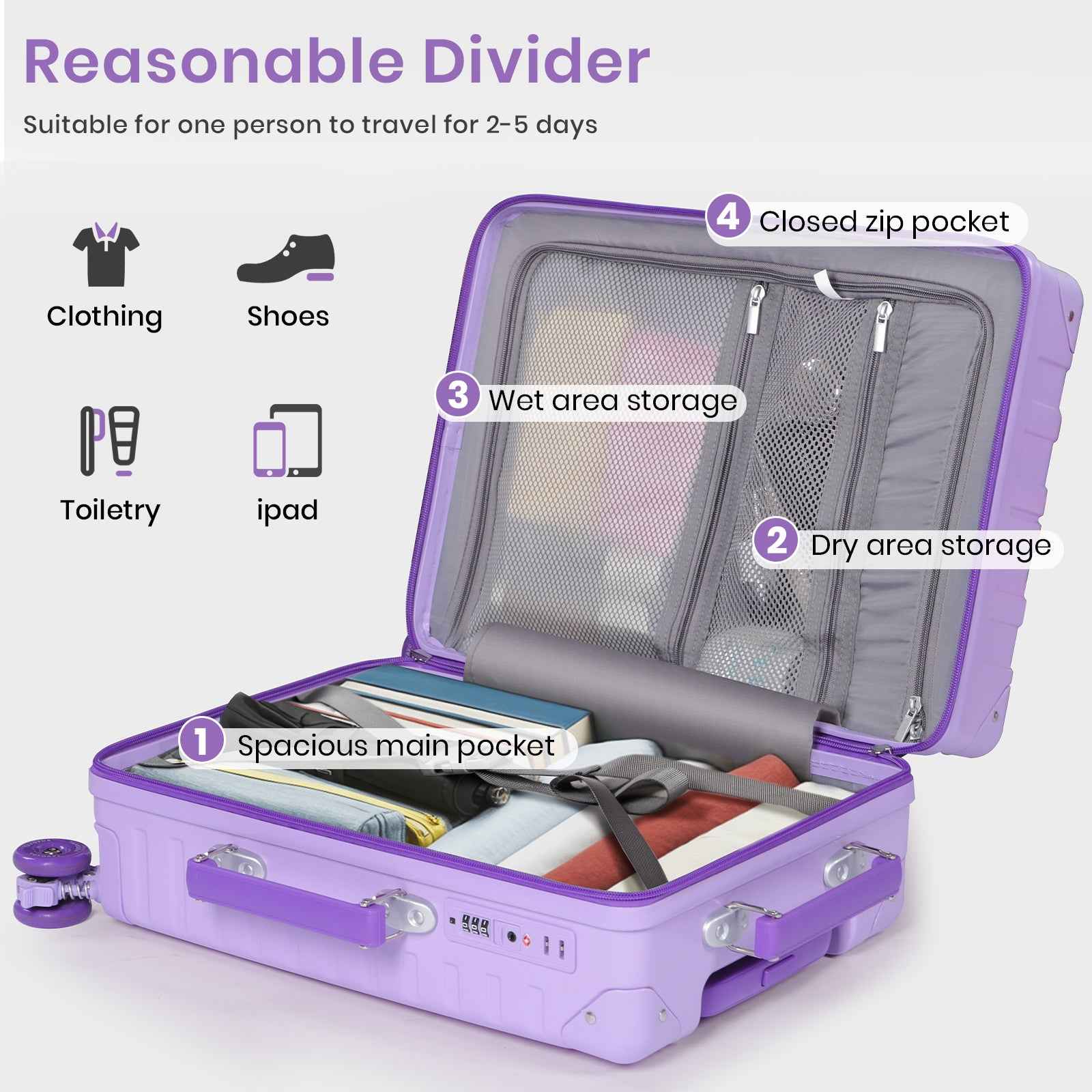 Tavoxda Lightweight Cabin Suitcase Purple