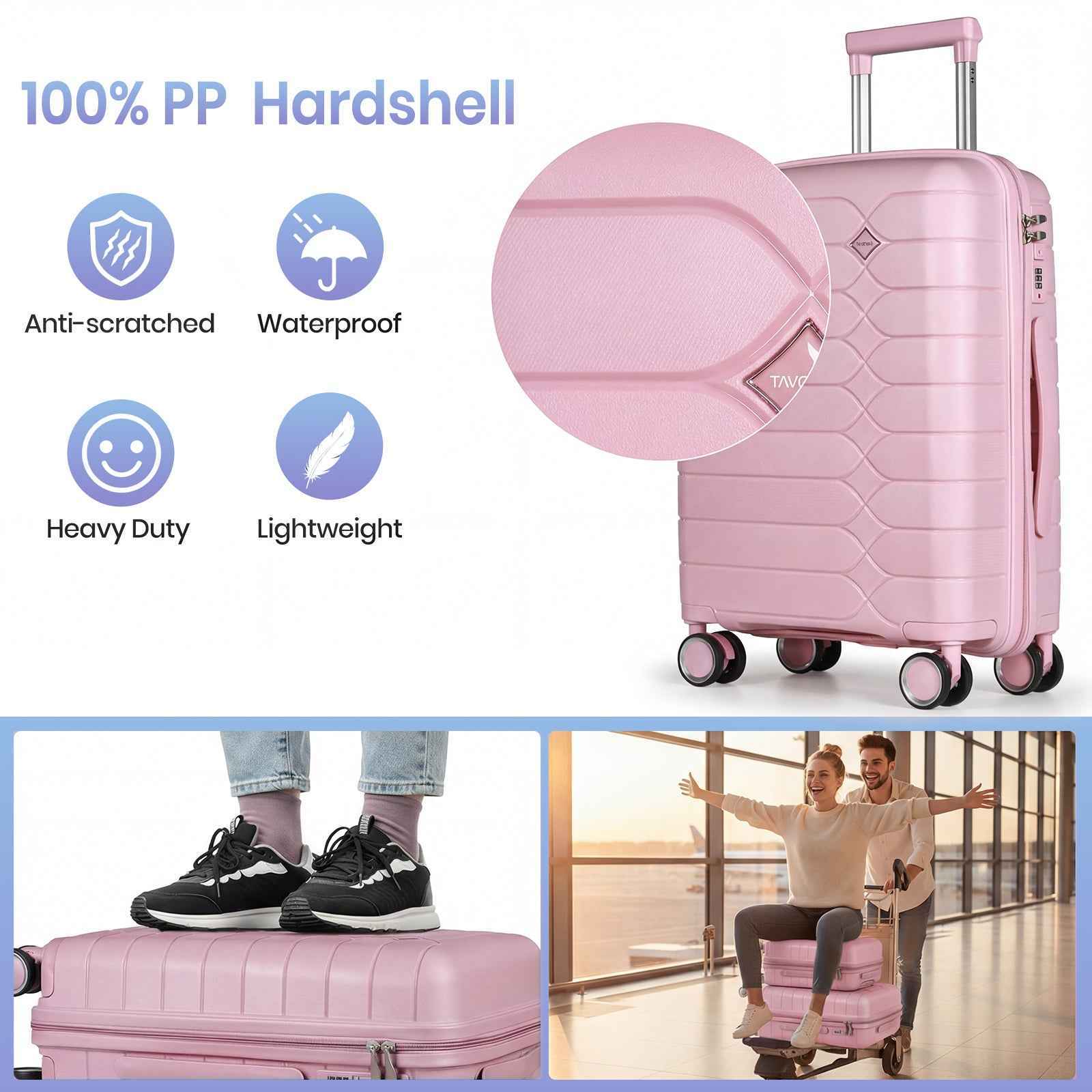 Tavoxda Lightweight PP Hardshell 3 Piece Luggage Sets Pink