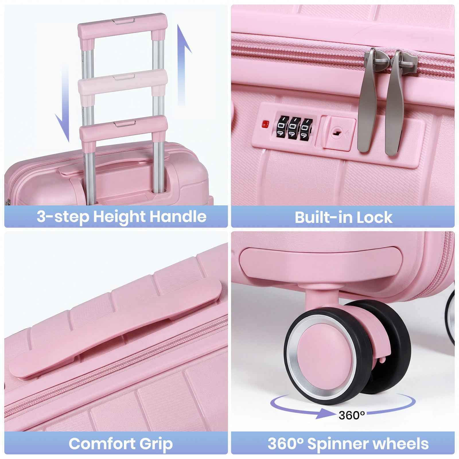 Tavoxda Lightweight PP Hardshell 3 Piece Luggage Sets Pink