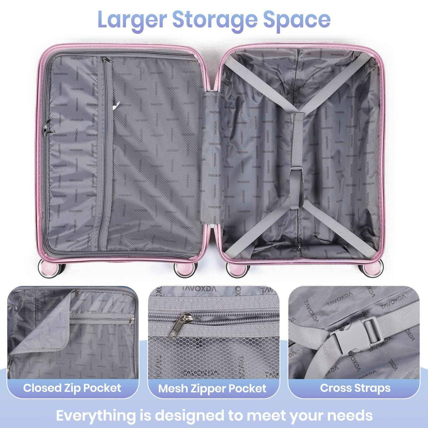 Tavoxda Lightweight PP Hardshell 3 Piece Luggage Sets Pink