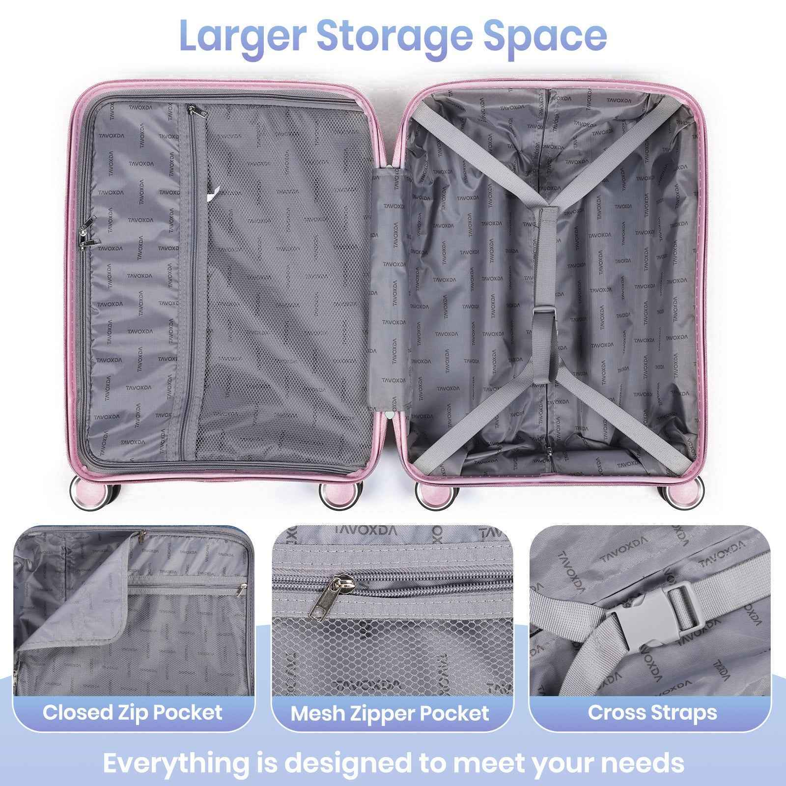 Tavoxda Lightweight PP Hardshell 3 Piece Luggage Sets Pink