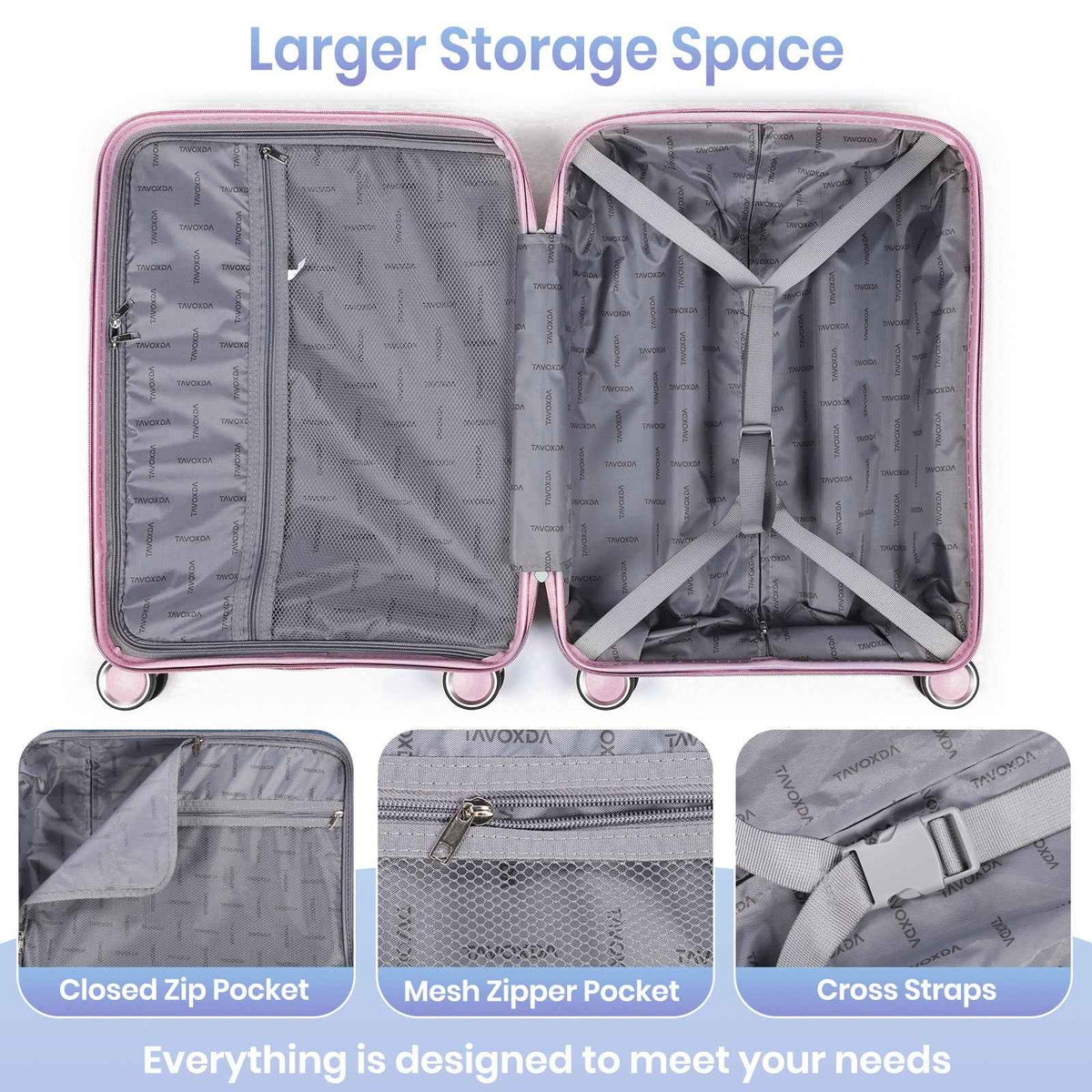 Tavoxda Lightweight PP Hardshell 3 Piece Luggage Sets Pink