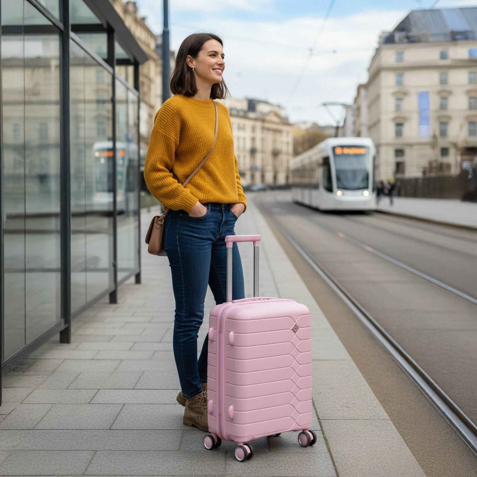 Tavoxda Lightweight PP Hard Shell Cabin Suitcase Pink
